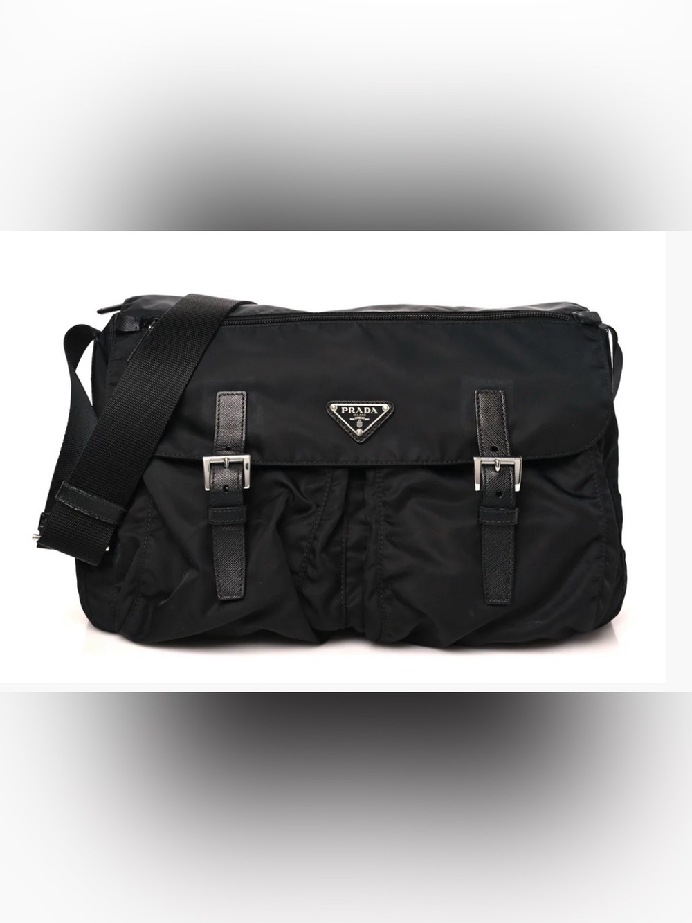 Prada Tessuto Nylon Double Buckle Messenger Shoulder Bag Black